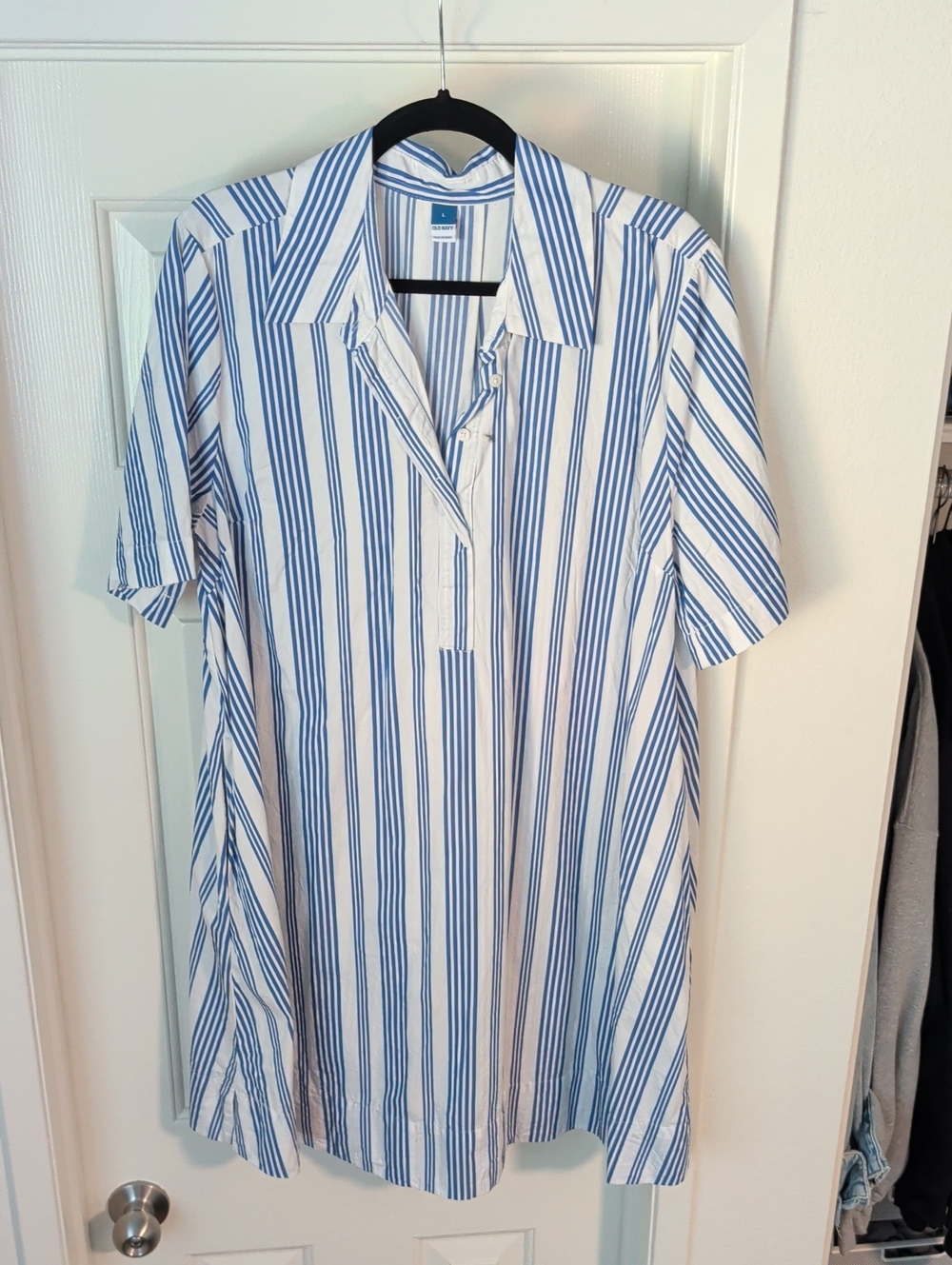 Old Navy Blue and White Vertical Stripe Short-Sleeve Shirt